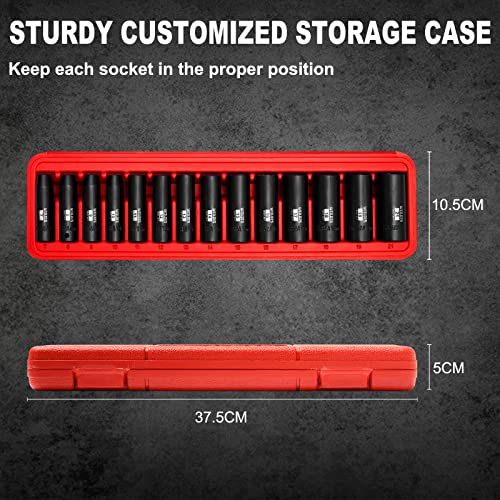 WIILDIS 14 Pieces 3/8-Inch Drive Deep Impact Socket Set, 7mm to 21mm, CR-V, Metric, 6-Point, 14 Pieces 3/8" Dr. Socket - size: METRIC - 14pcs