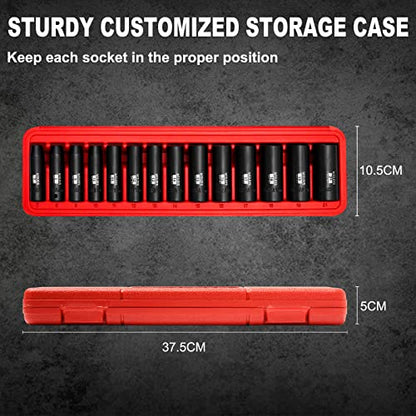 WIILDIS 14 Pieces 3/8-Inch Drive Deep Impact Socket Set, 7mm to 21mm, CR-V, Metric, 6-Point, 14 Pieces 3/8" Dr. Socket - size: METRIC - 14pcs