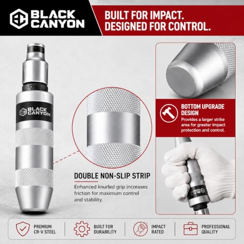 BLACK CANYON Manual Impact Screwdriver Set, Heavy Duty Hand Impact Driver with 12 S2 Steel Bits, Reversible Impact Screwdriver for Rusted, Stubborn & Seized Screws, Motorcycle Repair Tool Kit