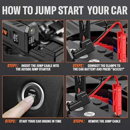 ASPERX Car Jump Starter, 2000A Peak Battery Jump Starter for Up to 7.0L Gas or 5.5L Diesel Engine, 12V Portable Battery Starter Power Pack with 1.4 INCH LCD Display - color: black