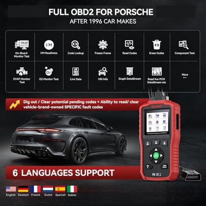 iCarsoft POR V1.0 for All System Diagnostic Tool Porsche 1996-2025 Oil/SAS Reset Battery Test 10 OBD2/EOBD Modes CAN FD Car Scan Code Reader/DTC/Live Data/Freeze Frame Lifetime Free Update Scanner