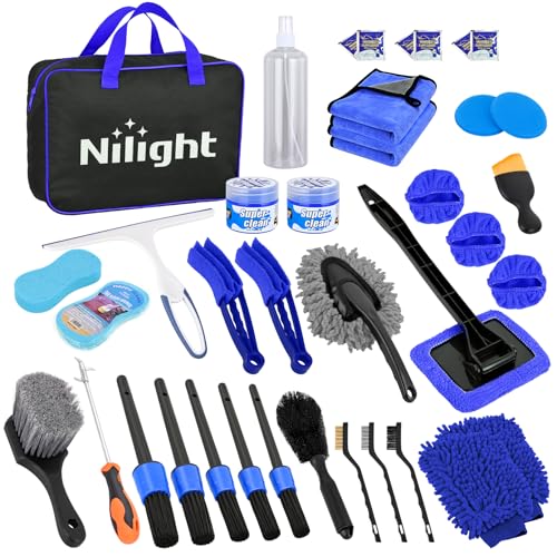Nilight 37PCS Car Detailing Kit Auto Cleaning Tools Wash Set with Storage Carry Bag Home Use for Interior Exterior Deep Clean Car Care Windshield Dashboard Seat Air Vents Wheels Tires, Blue - color: 37PCS Set, Blue