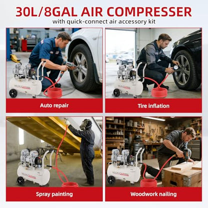Ultra Quiet Air Compressor, Only 68dB, 8 Gallon Tank, Oil-Free, 110V/60Hz 2.15HP, 9.04CFM@115PSI, Air Compressor Perfect for Spray Painting, Auto Repair, Tire inflation, Woodwork nailing - size: 8 Gallon