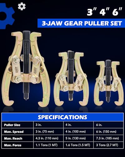 Orion Motor Tech Gear Puller Set, 3" 4" 6" 3 Jaw Puller Kit for Pulley Gear Bearing Flywheel Removal, Heavy Duty Pulley Puller with Reversible Jaws 3 pcs Bearing Puller Tool Kit | 3pc Bearing Puller Pulley Puller Tool Kit for Pulley Gear Bearing Flywheel