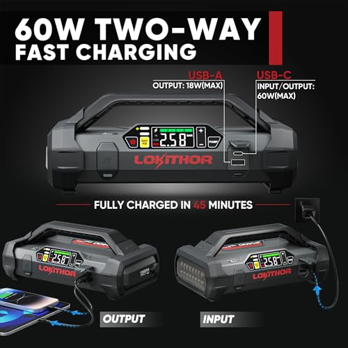 LOKITHOR JA400 1750A 12V Jump Starter with Air Compressor, 60W Two-Way Fast Charing, Lithium Car Battery Starter with 150PSI Digital Tire Inflator, Booster Pack for 7.5L Gas or 5.5L Diesel Engines