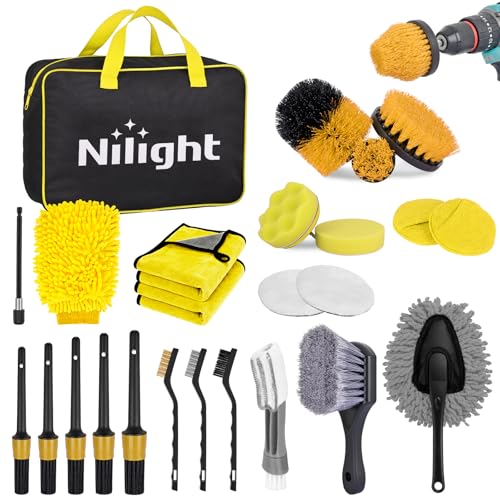 Nilight 27PCS Car Detailing Kit Auto Cleaning Tools Wash Set with Storage Carry Bag Home Use for Interior Exterior Deep Clean Polish Car Care Windshield Dashboard Seat Air Vents Wheels Tires, Yellow - color: 27PCS Set, Yellow