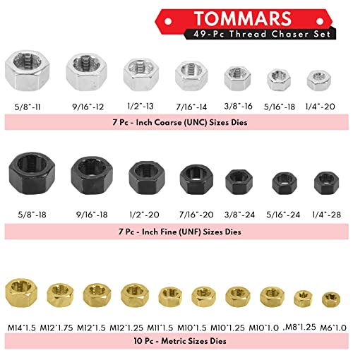 TOMMARS 49-Piece Thread Chaser Set for UNC, UNF and Metric Threads | Thread Repair Kit with Taps, Dies and Thread Files for Rethreading, Restoring and Cleaning Internal and External Threads - size: Metric and SAE