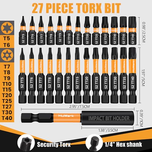 MulWark Torx Security Bit Set, 27 Pieces (T5–TT40) – Precision Tamper-Proof Star Bits with Smooth Edges, 1/4" Hex Shank, and Magnetic Holder – Christmas Gift for DIY & Repair Projects - style: 2" & 1" Torx Bits Set 27 PCs (T5-TT40)