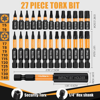 MulWark Torx Security Bit Set, 27 Pieces (T5–TT40) – Precision Tamper-Proof Star Bits with Smooth Edges, 1/4" Hex Shank, and Magnetic Holder – Christmas Gift for DIY & Repair Projects - style: 2" & 1" Torx Bits Set 27 PCs (T5-TT40)