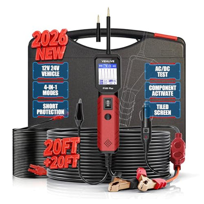P100 Plus Automotive Power Circuit Probe Tester,12V 24V Car Automotive Diagnostic Test Tool, Digital Volt Ohm Meter W/Overload Protection, Circuit Fault Finder w/ 40FT Cable & Angled Screen