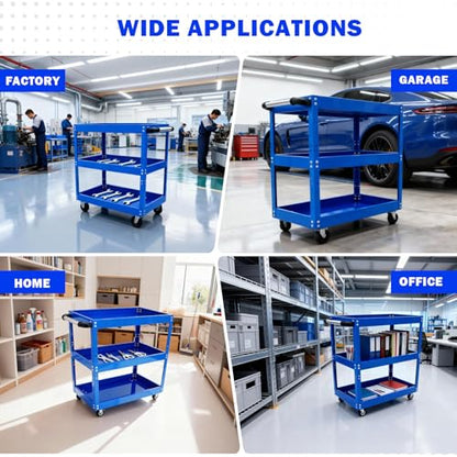 3 Tier Rolling Work Cart on Wheel Small Utility Cart | Heavy Duty Metal Shop Carts Organizer Mobile Tool Storage Service Small Work Cart for Maintenance Garage Mechanics Industrial