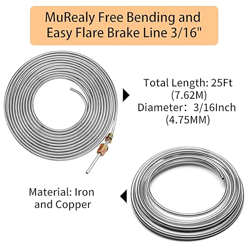 3/16" Brake Line Repair Kit - 25 Feet Zinc Plated Rust-Proof Brake Tubing + Flaring Tool, 16 Fittings & 4 Unions | For Cars, Trucks, SUV Hydraulic Brakes - color: Silver