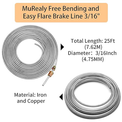 3/16" Brake Line Repair Kit - 25 Feet Zinc Plated Rust-Proof Brake Tubing + Flaring Tool, 16 Fittings & 4 Unions | For Cars, Trucks, SUV Hydraulic Brakes - color: Silver