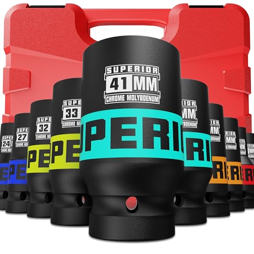 10 Piece 1" Drive Impact Socket Set, 21 mm-41 mm Jumbo Socket, Metric, 6-Point, Heavy Duty CR-MO, Large Automotive Repairs, Truck, Excavators - size: 1" Jumbo Metric