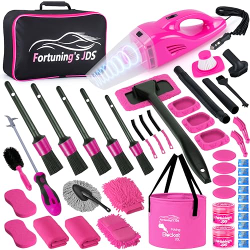 47PCS Car Detailing Kit Interior Cleaner, Car Cleaning Supplies with High Power Car Vacuum Cleaner,Auto Detailing Kit,Car Wash Kit with Bucket Detailing Brush Set,Pink Car Accessories for Women - color: 47PCS