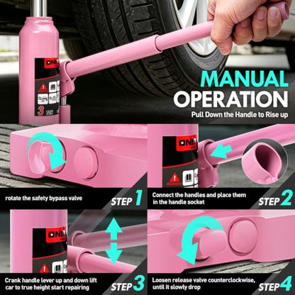 DNA Motoring 3 Tons Hydraulic Car Bottle Jack, Pink, 6000 lbs Capacity | Automotive Welded Bottle Jack For Car SUV Pickup Truck, Auto Repair House Lift, with Manual handle & Carrying Storage Case - color: Pink, style: 3 ton