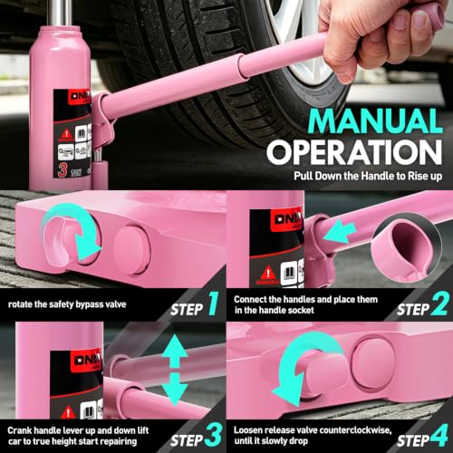 DNA Motoring 3 tons / 6000 lbs Lifting Automotive Welded Hydraulic Bottle Jack for Car SUV Pickup Truck, Auto Repair, with Manual Handle & Carrying Storage Case, Pink - color: Pink, style: 3 ton