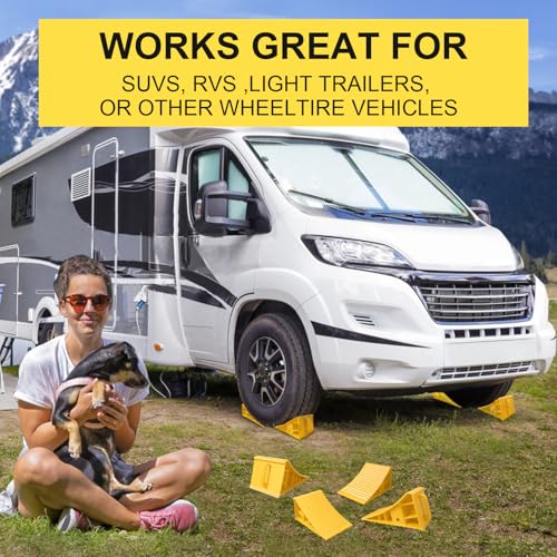 4Pack Wheel Chocks for RV Trailer Non Slip Heavy Duty Yellow Camper Wheel Chocks with Handle for Easy Removal Polypropylene Wheel Stoppers for Cars Campers Trucks Rvs