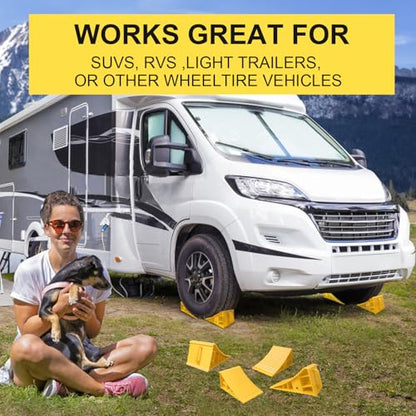 4Pack Wheel Chocks for RV Trailer Non Slip Heavy Duty Yellow Camper Wheel Chocks with Handle for Easy Removal Polypropylene Wheel Stoppers for Cars Campers Trucks Rvs