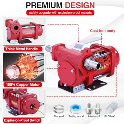 TOPWAY 12V DC Gasoline Fuel Pump 10GPM Self-priming Oil Transfer Pump With Handle, Overheat Protection, Explosion-Proof, Built-in Bypass, for Gasoline Fuel Diesel Kerosene Removal,Red - style: 12V 10GPM