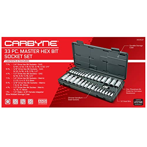 CARBYNE 33-Piece Master Bit Socket Set, SAE & Metric Hex (Allen) Bit Sockets, S2 Steel, 1/4", 3/8" & 1/2" Drive for Automotive, Motorcycle & Furniture Repair - size: 33 Piece