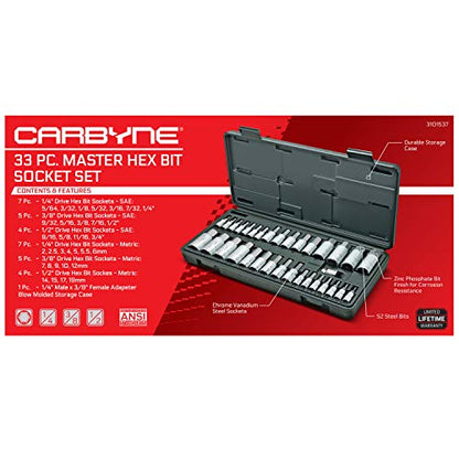 CARBYNE 33-Piece Master Bit Socket Set, SAE & Metric Hex (Allen) Bit Sockets, S2 Steel, 1/4", 3/8" & 1/2" Drive for Automotive, Motorcycle & Furniture Repair - size: 33 Piece