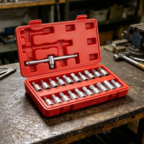 Generic 23 Pieces Drain Plug Socket Set Storage Box Transmissions Drain Tool Metal Oil Pan Bolt Wrench Kit for Mechanics, Car Repair Workers, Garage