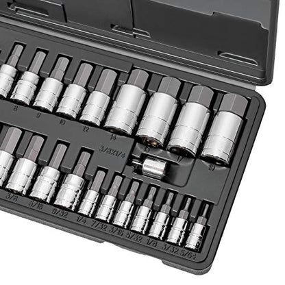 CARBYNE 33-Piece Master Bit Socket Set, SAE & Metric Hex (Allen) Bit Sockets, S2 Steel, 1/4", 3/8" & 1/2" Drive for Automotive, Motorcycle & Furniture Repair - size: 33 Piece