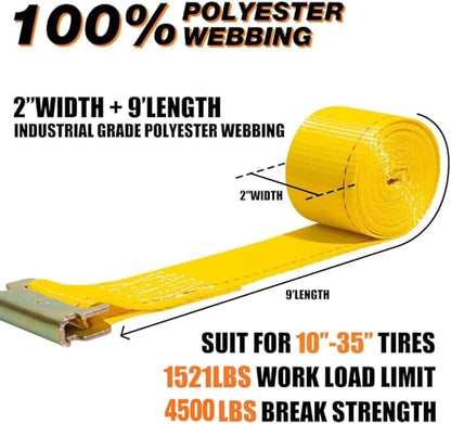 Vehicle Wheel Chock Tie Down kit 4500lb Break Strength-4 Pack 2" x9' E Track Straps-Ultimate Heavy Duty Trailer Tire Strap System for ATV,UTV,Lawn Mower | E-track ratchet straps, 8 steel chocks, bolt-on mount, ATV UTV lawn mower trailer compatible, tire s
