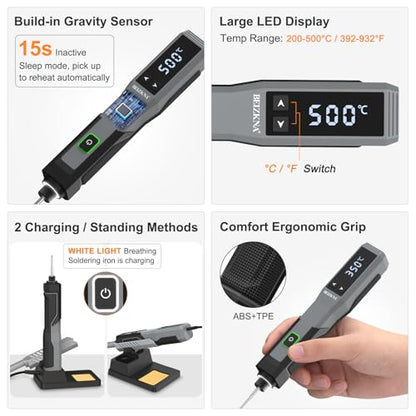 Soldering Iron Kit Cordless 5s Heating 14-in-1 Portable Soldering Iron with LED Display 392-932℉, Auto Sleep, Electric USB Rechargeable Wireless Welding Tool for Precision Repair DIY