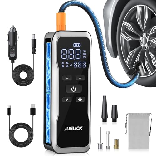 JUSUOX Tire Inflator Portable Air Compressor, Dual Power (Cordless & 12V DC) Air Pump for Car Tires, 150PSI Fast Air Pump for Moto, Bike, Large Capacity Battery, Digital Gauge with Emergency LED Light - color: Black