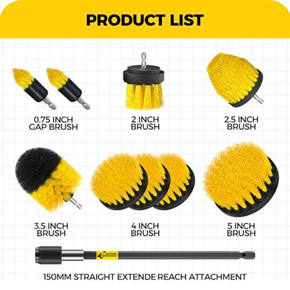 Holikme 10Pieces Drill Brush Attachments Set, Power Scrubber Brush with Extend Long Attachment，Scrub Brush，Shower Scrubber，Cleaning Supplies,Yellow