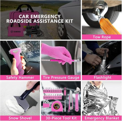 Car Emergency Kit with Portable Air Compressor - Roadside Assistance Emergency Kit with Jumper Cables, First Aid Kit, Auto Tool Set, Winter Safety Kit for Women, Men, Teen (Pink) - color: Pink