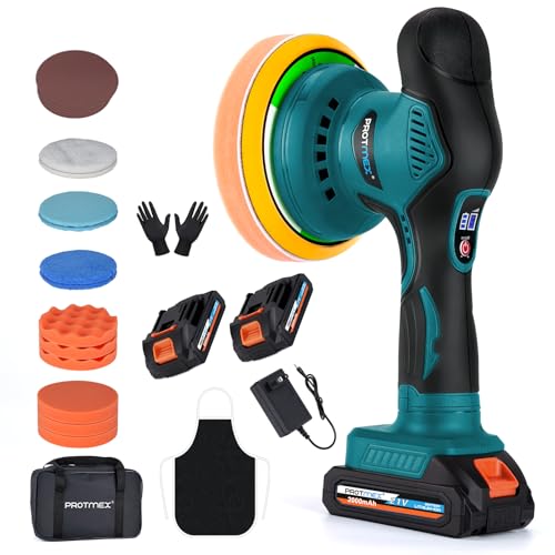 Protmex Cordless Car Buffer Polisher w/ 2x2000mAh 21V Batteries, 6 Inch Car Buffer Waxer Kit, Car Polishing Machine w/Extra 18 PCS Attachments & 6 Variable Speed (Blue) - color: Blue