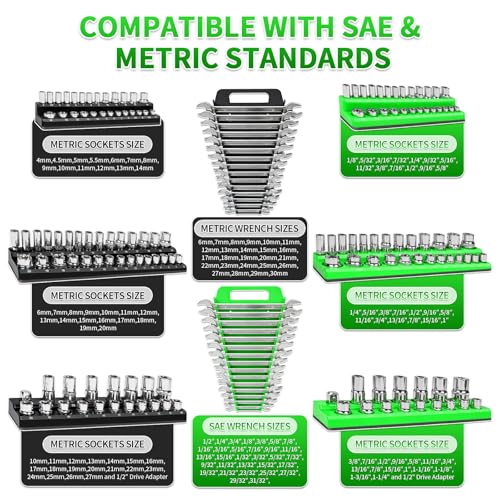 8 Piece Magnetic Socket Organizer Set, 1/4", 3/8", 1/2" Drive Metric and SAE Socket Holder Trays, Socket Organizer for Tool Box Drawer, Garage, Workbench and Mechanic Cart, Black and Green