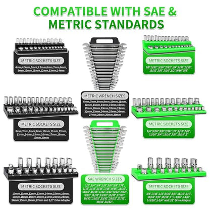 8 Piece Magnetic Socket Organizer Set, 1/4", 3/8", 1/2" Drive Metric and SAE Socket Holder Trays, Socket Organizer for Tool Box Drawer, Garage, Workbench and Mechanic Cart, Black and Green