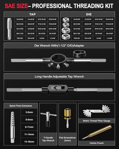 Kolvoii 52-Piece Large SAE Tap and Die Set, 1/4"-20 to 1"-14 Coarse and Fine Threads, Heavy-Duty GCr15 Steel Thread Repair & Rethreading Tool Kit for Internal & External Thread - size: 52-Piece SAE