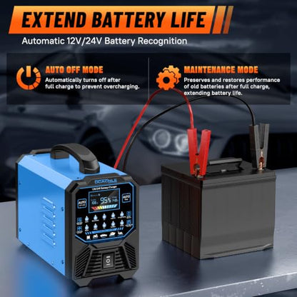 DCACNLE 12V/24V 0-15A Car Battery Charger Heavy Duty,Automatic Maintainer | Smart Trickle Charger,Desulfator with Overcharge Protection & Auto Shutoffs,Suitable for Various Vehicles&Lead Acid Batteries