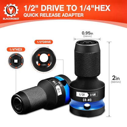 BLACKROBOT 2PCS Quick Release Impact Bit Holders 1/2-Inch Square Drive to 1/4-Inch Hex Socket Adapter, CR-MO Steel, Blue - size: 1/2 Impact Bit Holder-2