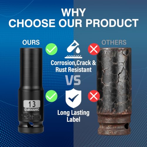 1/2 Inch Drive x 13mm Deep 6PT CR-MO Impact Socket for Removing Axle nut | Metric Socket,6-Point Radius Corner Design,Two Size Markings,Square Chamfered Opening,For Removal of Axle Nut - size: 13 mm, style: 1/2" Drive Deep Socket