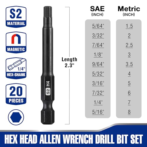 WORKPRO 20pcs Hex Head Allen Wrench Drill Bit Set, CNC Machined S2 Steel Magnetic Metric and SAE Hex Bits, 1/4 Inch Square Shank Driver Bits, 2.3" Long Screwdriver Bits Set With Storage Box - color: Hex
