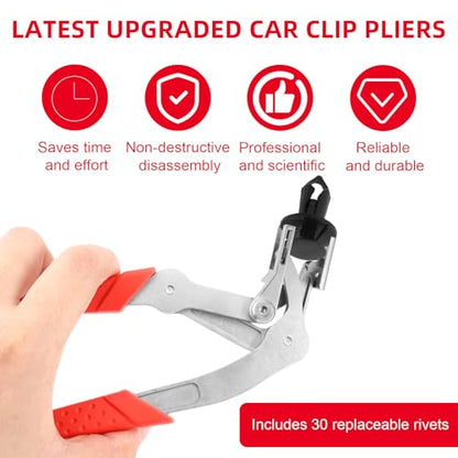 Car Clip Pliers with 30pcs Nylon Rivets, Panel Clip Removal Pliers Multi-Functional Spring-Loaded Auto Fastener Rivet Remover Damage-Free Disassembly Tools for Door Panels Interior Trim Buckles