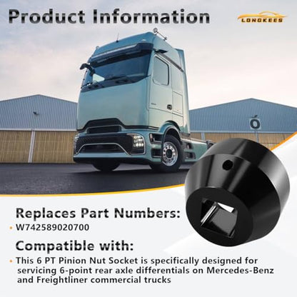 6-Point Pinion Nut Socket Compatible with Detroit Diesel W742589020700, FIT Freightliner & Mercedes-Benz Actros/Atego Heavy Duty Rear Axle Differential Tool, Carbon Steel Service Socket