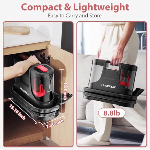 Upholstery Carpet Cleaner, MUJERBAY 15Kpa Portable Spot and Stain Cleaner Shampooer, Easy Move with Handle, 1.5-inch Deep Cleaning Machine for Couch, Stairs, Car and Pet Messes. (Black) - color: Black