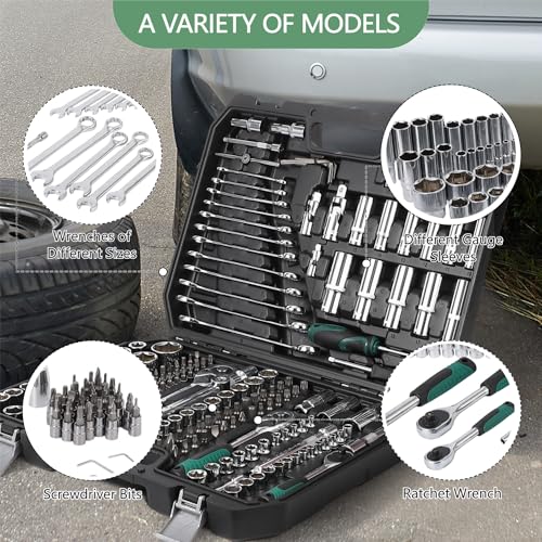 IDEALHOUSE 216 PCS Mechanic Tool Set with Case,Socket Wrench Set,1/4" 3/8" 1/2" Drive Socket Kit,72-Tooth Quick Release Ratchet, Specialty Tools for Home Automotive Repair