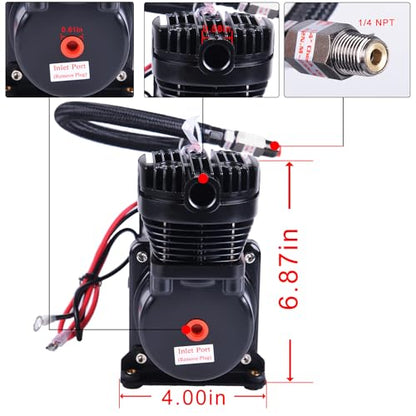 200PSI Heavy Duty Air Train Horn/Air Ride Suspension Compressor 12V 1/4NPT Pneumatic Suspension Compressor Black for Car Horns