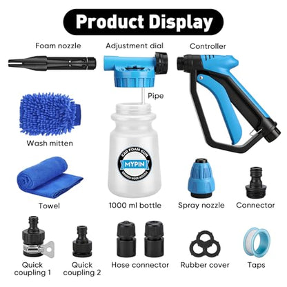 Upgraded Car Wash Foam Gun, Foam Cannon, Adjustable Hose Wash Sprayer with 2.5 to 6 Bars Foam Blaster, NEW Handle, Wash Mitten &Towel, Suitable for Car Cleaning & Garden Use with 1/2” Quick Connector - style: Upgraded Handle Car Wash Foam Gun