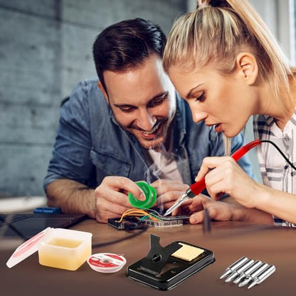Soldering Iron Kit, Soldering Welding Iron Kit with Ceramic Heater, Portable Soldering Kit with with Tips, Solder Wick Braid, Stand, Solder Wire, Sponge, Flux Paste