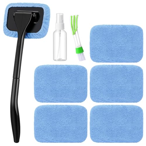 FoldTier 8 Pcs Car Windshield Cleaner Tool Kit with Removable Handle, Microfiber Towel Pads, Brush, Empty Spray Bottle for Auto Glass Wiper Suvs Rvs & Home Windows(Light Blue) - color: Light Blue