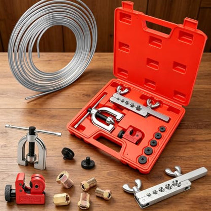 3/16 Inch Brake Line Repair Kit, 2 Set 25FT 3/16 Inch Brake Line with 102Pcs Fittings (Includes 8 Unions) and Double & Single Brake Line Flaring Tool Kit & Brake Line Bender(Silver) - size: 3/16 + 3/16 Inch Gold, style: Brake Line Kit & Tube Bender